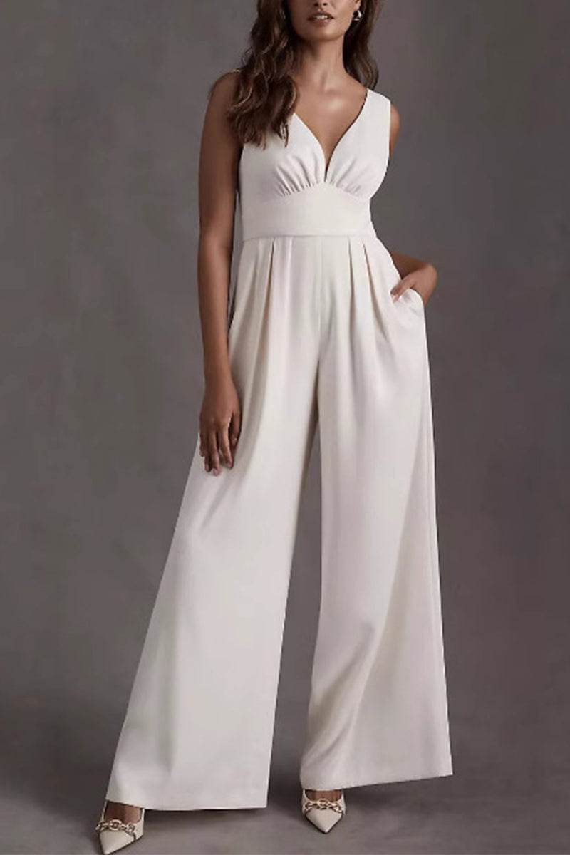 V-Neck Floor Length Chiffon Wedding Jumpsuit 916220687859 - COCOMELODY